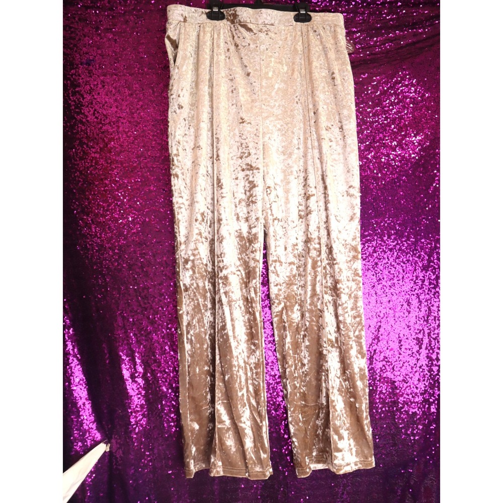 Champagne Crushed Velvet Pants L 12-14 Serra Wide Leg Trousers Elastic Waist Y2K